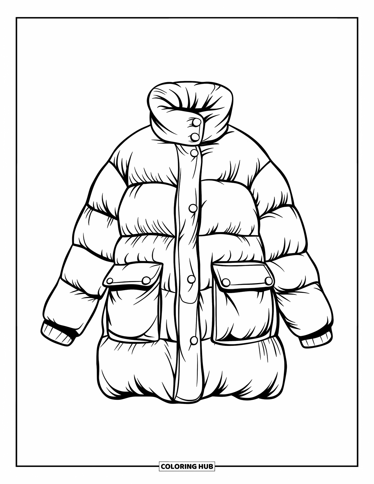 Winter Clothes Coloring Page for Kids: A puffy coat with big buttons sits on a clean mannequin