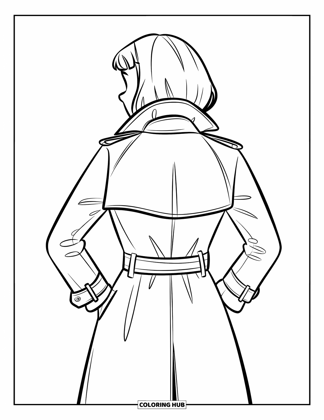 Winter Clothes Coloring Page for Kids: A short-haired character models a structured trench coat with wide lapels