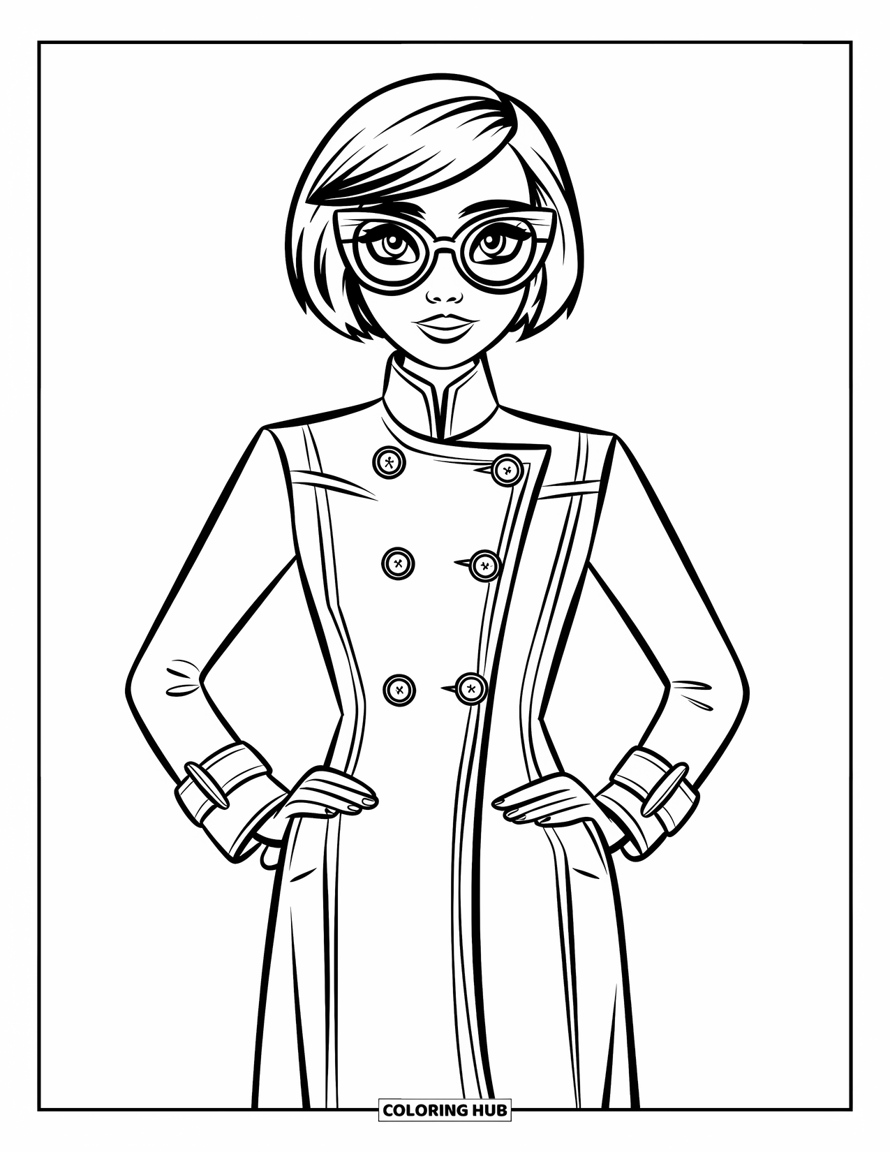 Winter Clothes Coloring Page for Kids: A short-haired character with glasses wears a neat, stylish longline coat