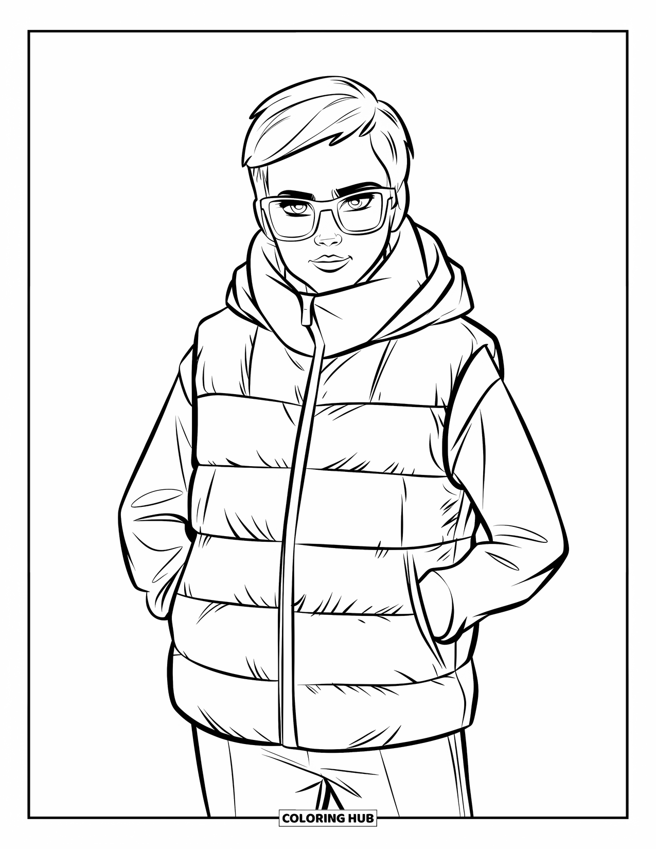 Winter Clothes Coloring Page for Kids: A smiling character in glasses wears a puffer vest with neat stitching