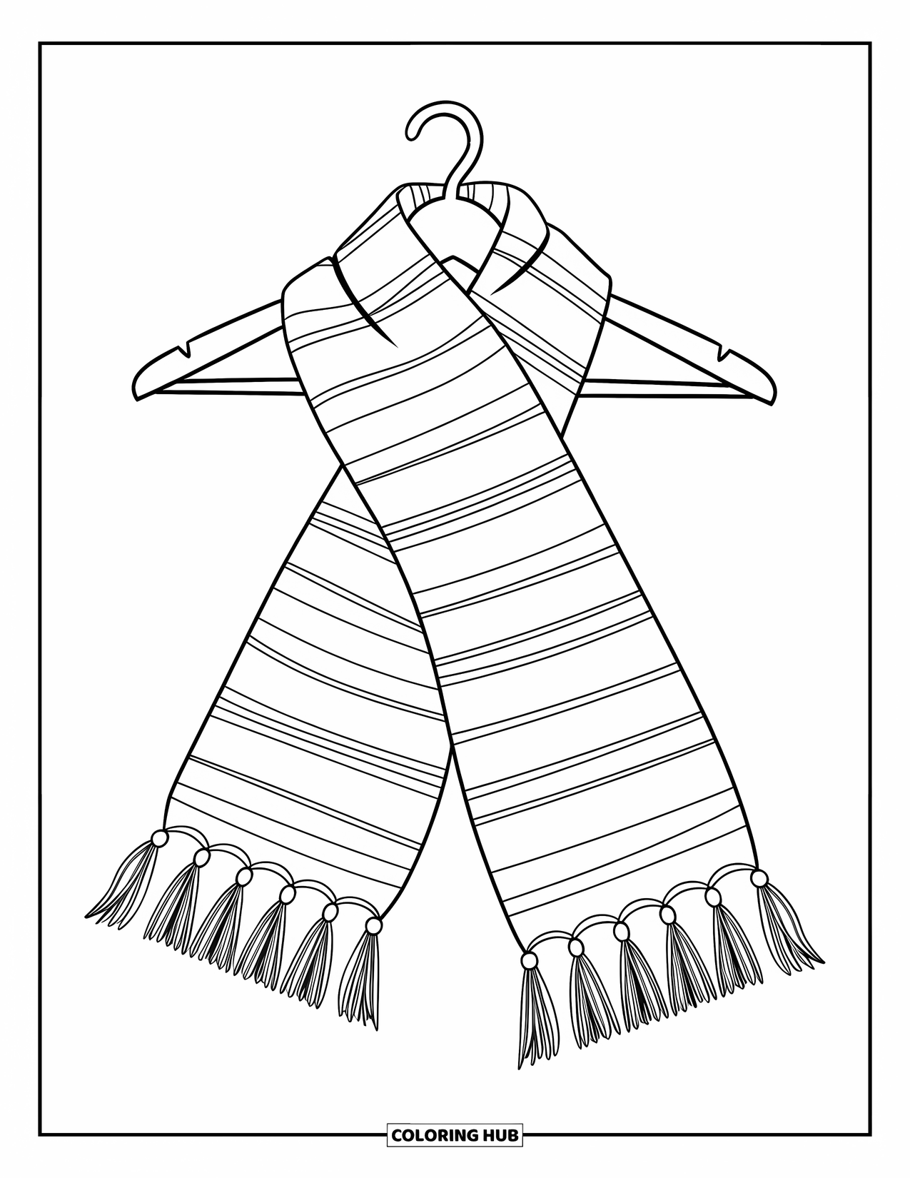 Winter Clothes Coloring Page for Kids: A striped scarf with fringed ends is folded neatly on a hanger