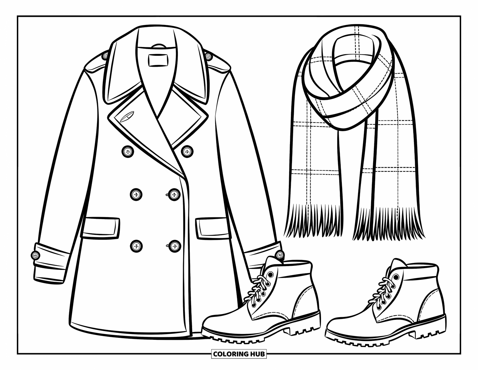 Winter Clothes Coloring Page for Kids: A stylish winter trio of coat, scarf, and boots with soft details