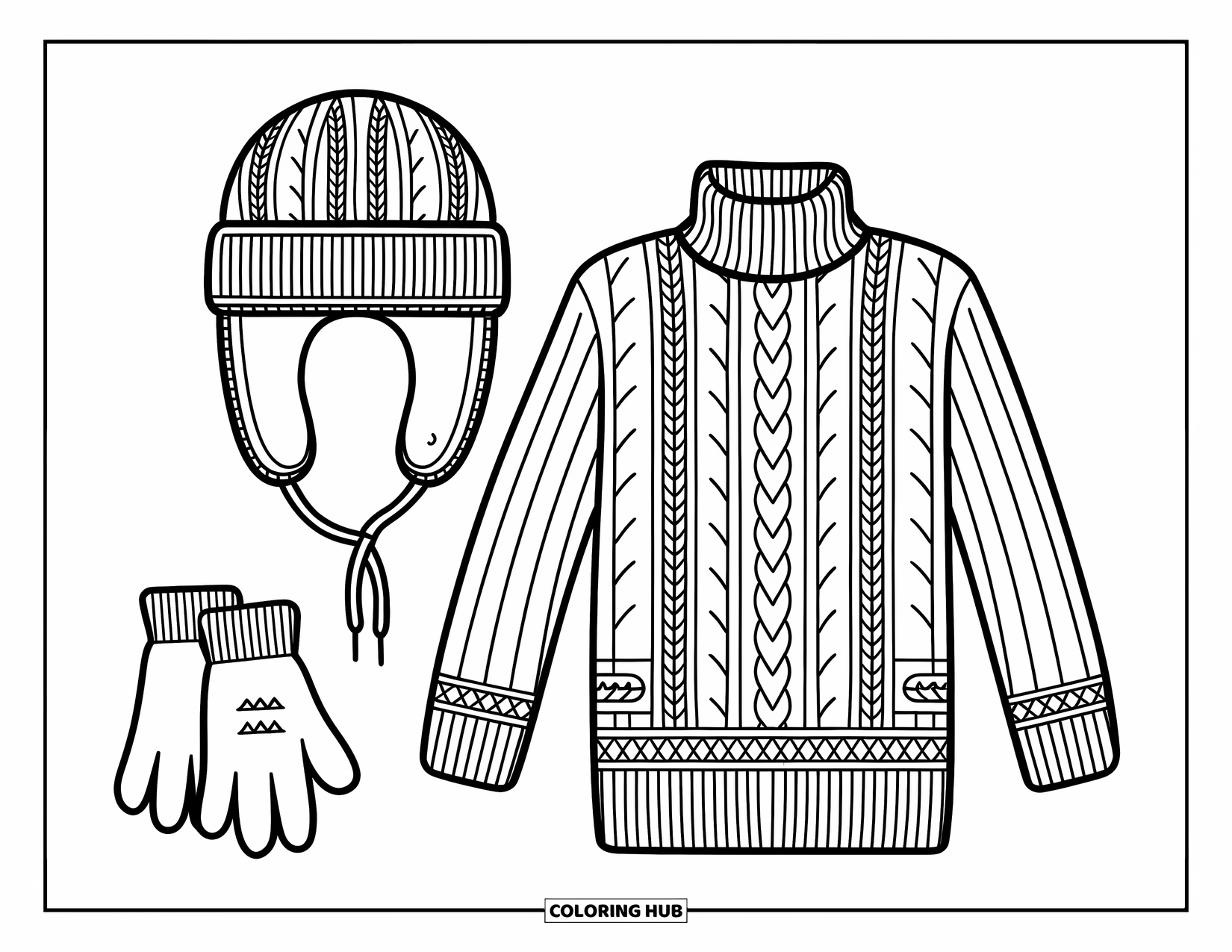 Winter Clothes Coloring Page for Kids: A sweater, gloves, and trapper hat with playful patterns and winter charm