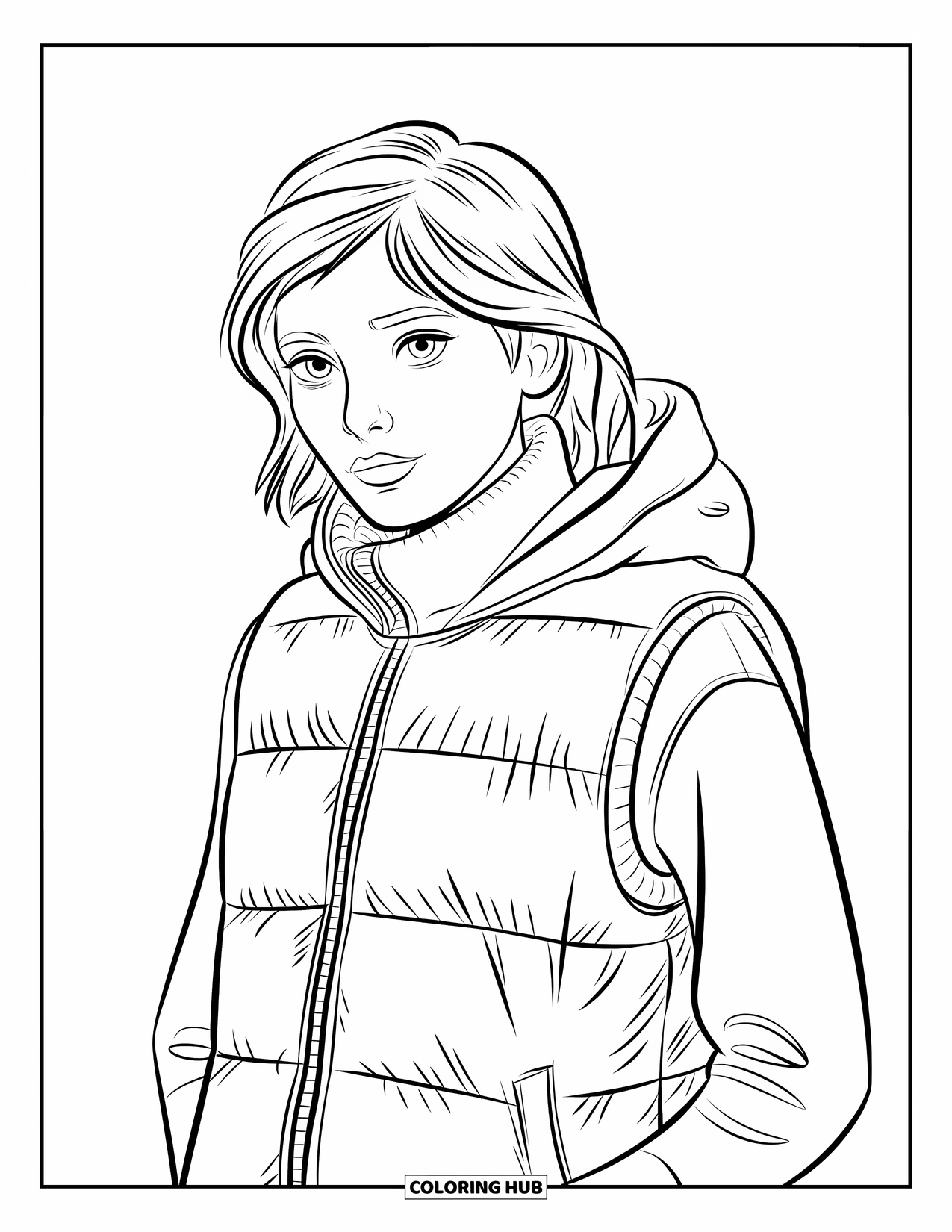 Winter Clothes Coloring Page for Kids: A teen with mid-length hair wears a puffer vest with a hoodie inside