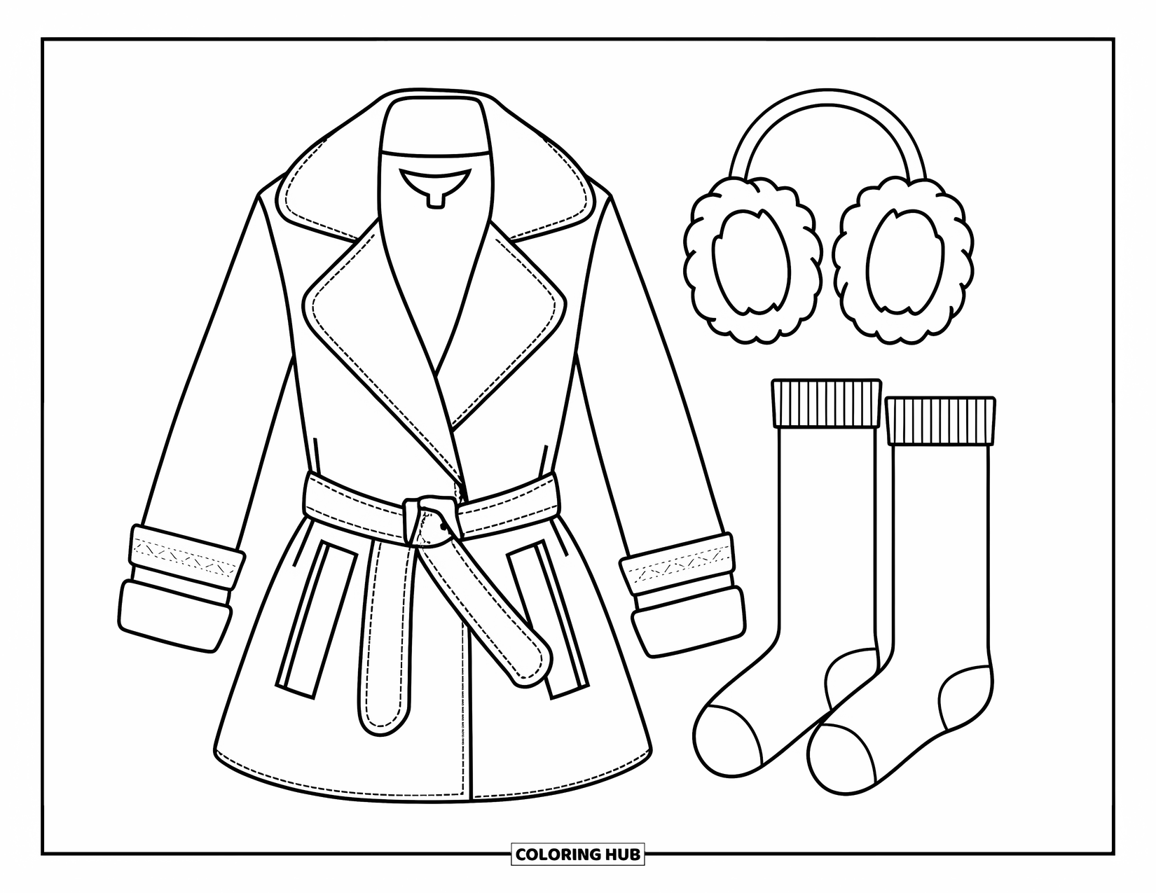 Winter Clothes Coloring Page for Kids: A trench coat, earmuffs, and socks with stitched details and cozy winter style