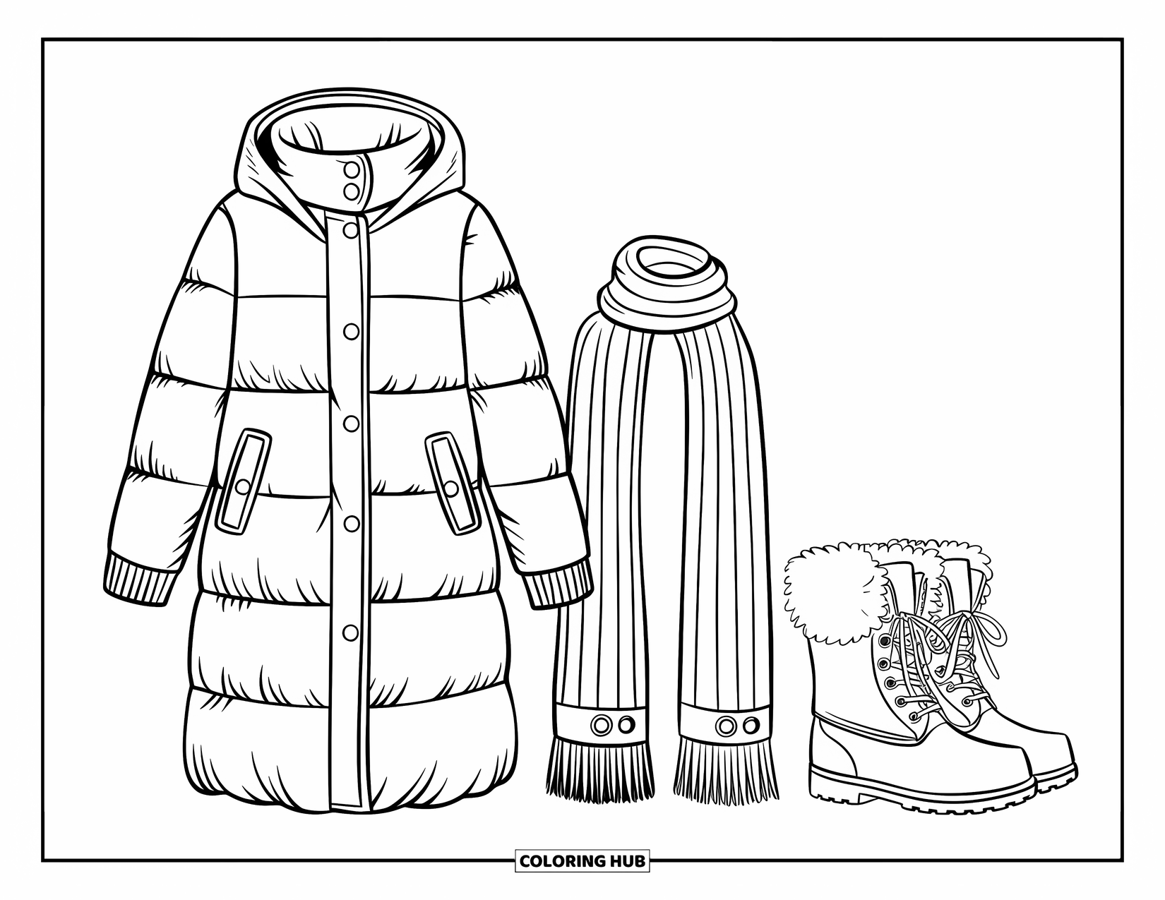 Winter Clothes Coloring Page for Kids: A warm puffer coat, scarf, and boots displayed side by side