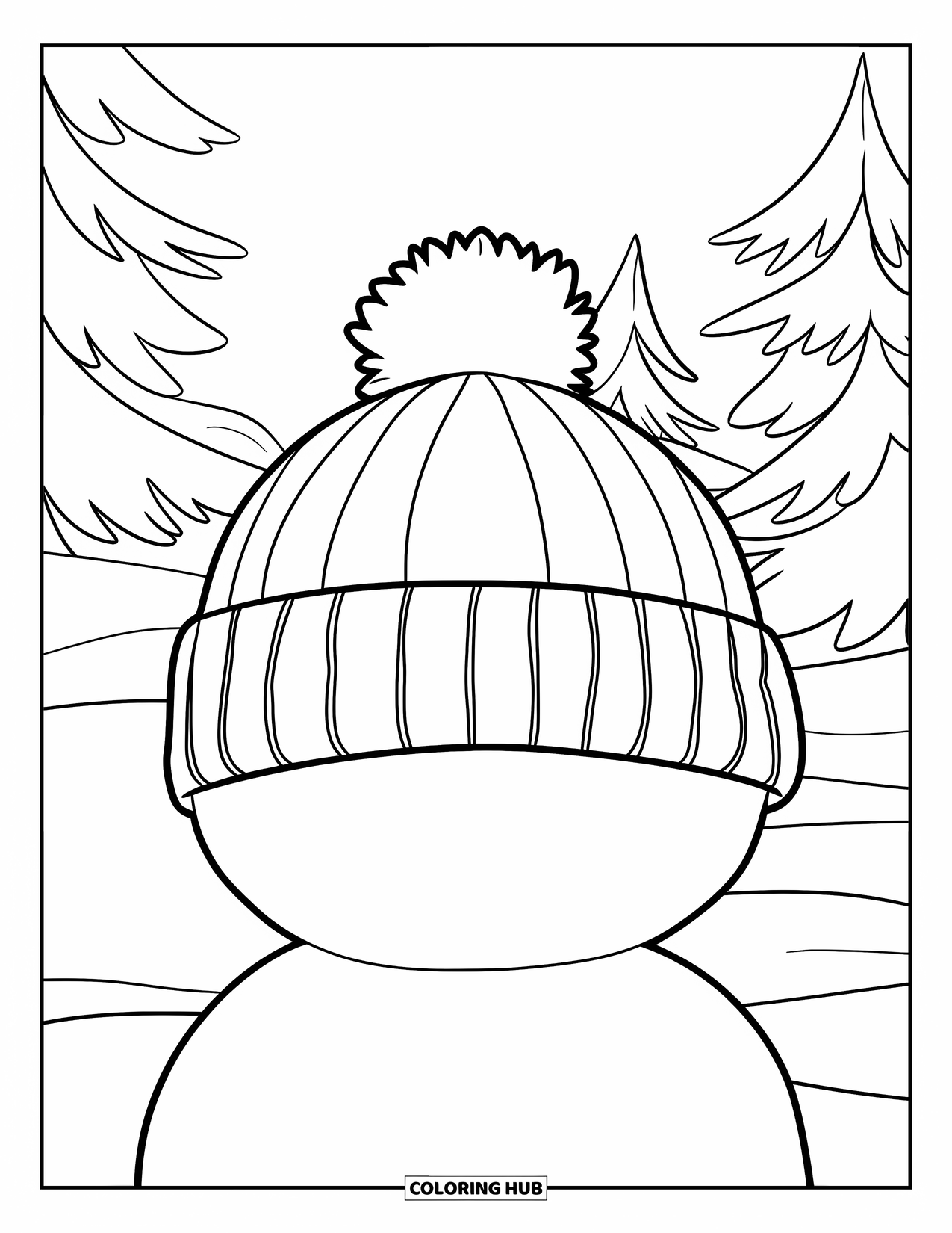 Winter Clothes Coloring Page for Kids: A wool hat with a pom-pom sits on a snowman's head