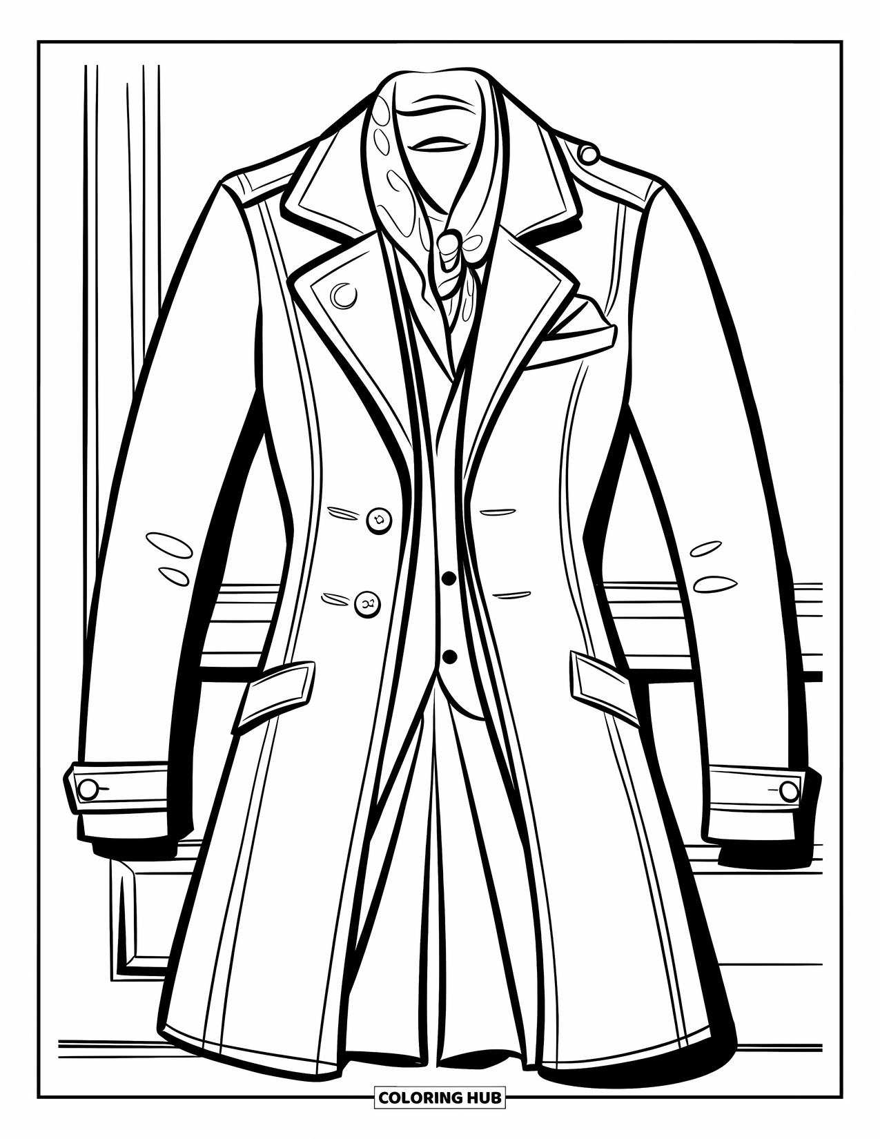 Winter Clothes Coloring Page for Kids: An open longline coat reveals a scarf and shirt against a white wall