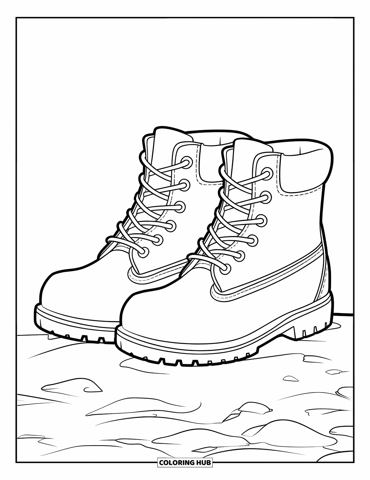 Winter Clothes Coloring Page for Kids: Chunky winter boots sit in the snow with rounded toes