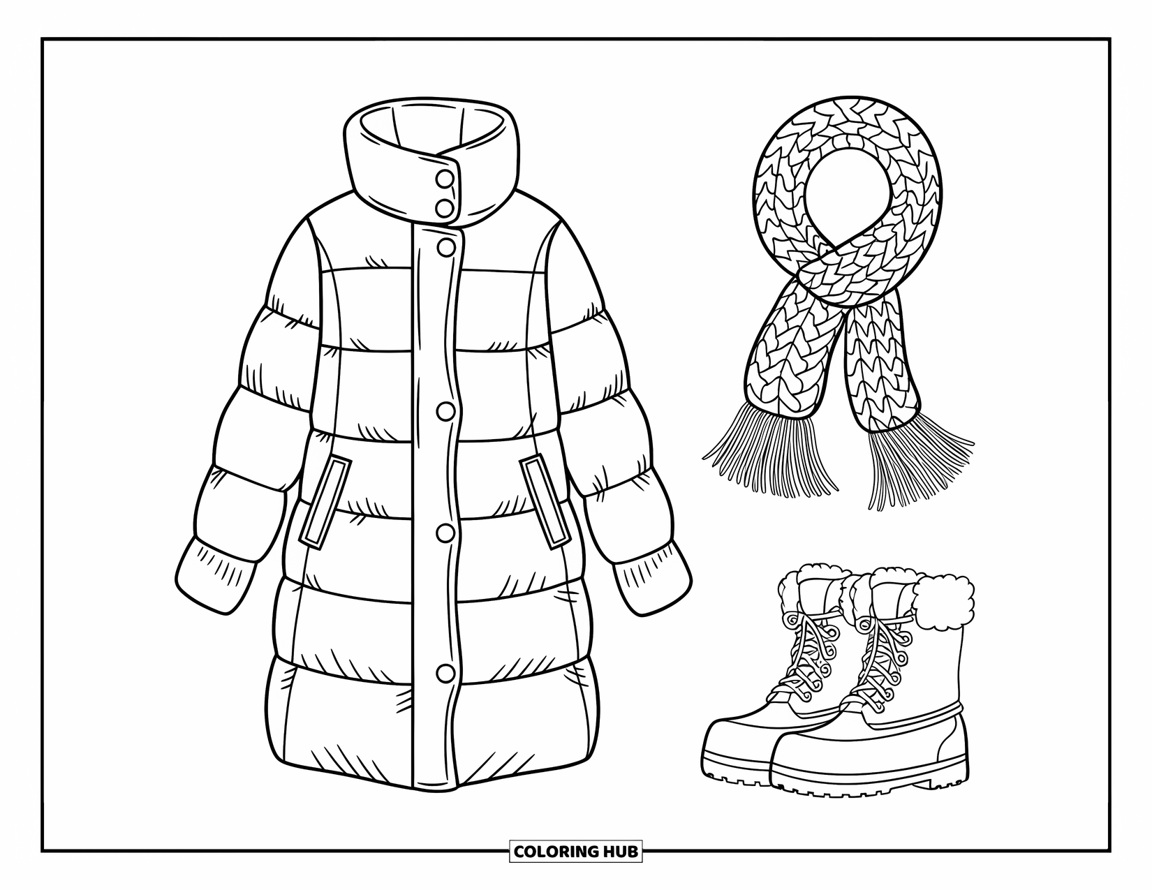 Winter Clothes Coloring Page for Kids: Cozy winter items with neat stitching arranged neatly on white