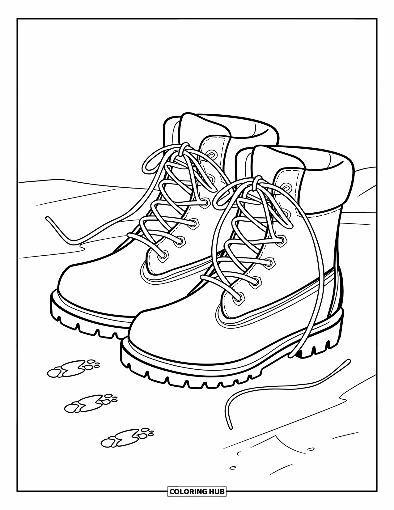 Winter Clothes Coloring Page for Kids: Footprints lead to sturdy winter boots resting in the snow