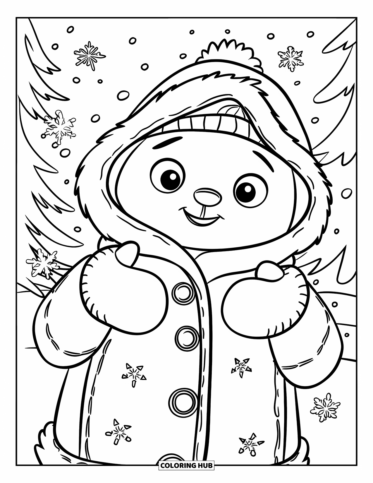 Winter Clothes Coloring Page for Kids: Snow falls gently as a warm jacket is held by a happy character