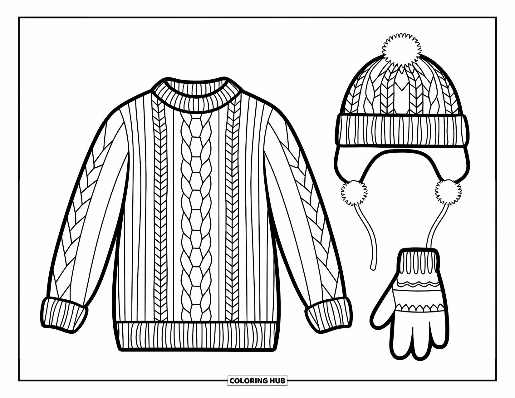 Winter Clothes Coloring Page for Kids: Warm clothes with cozy patterns and clean outlines for a fun winter look