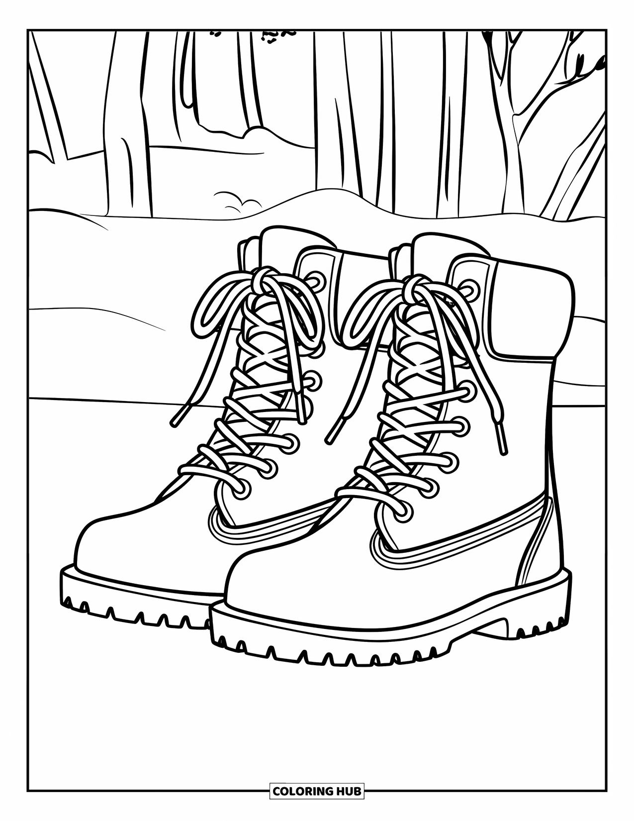 Winter Clothes Coloring Page for Kids: Winter boots sit in the snow, ready for fun in the cold