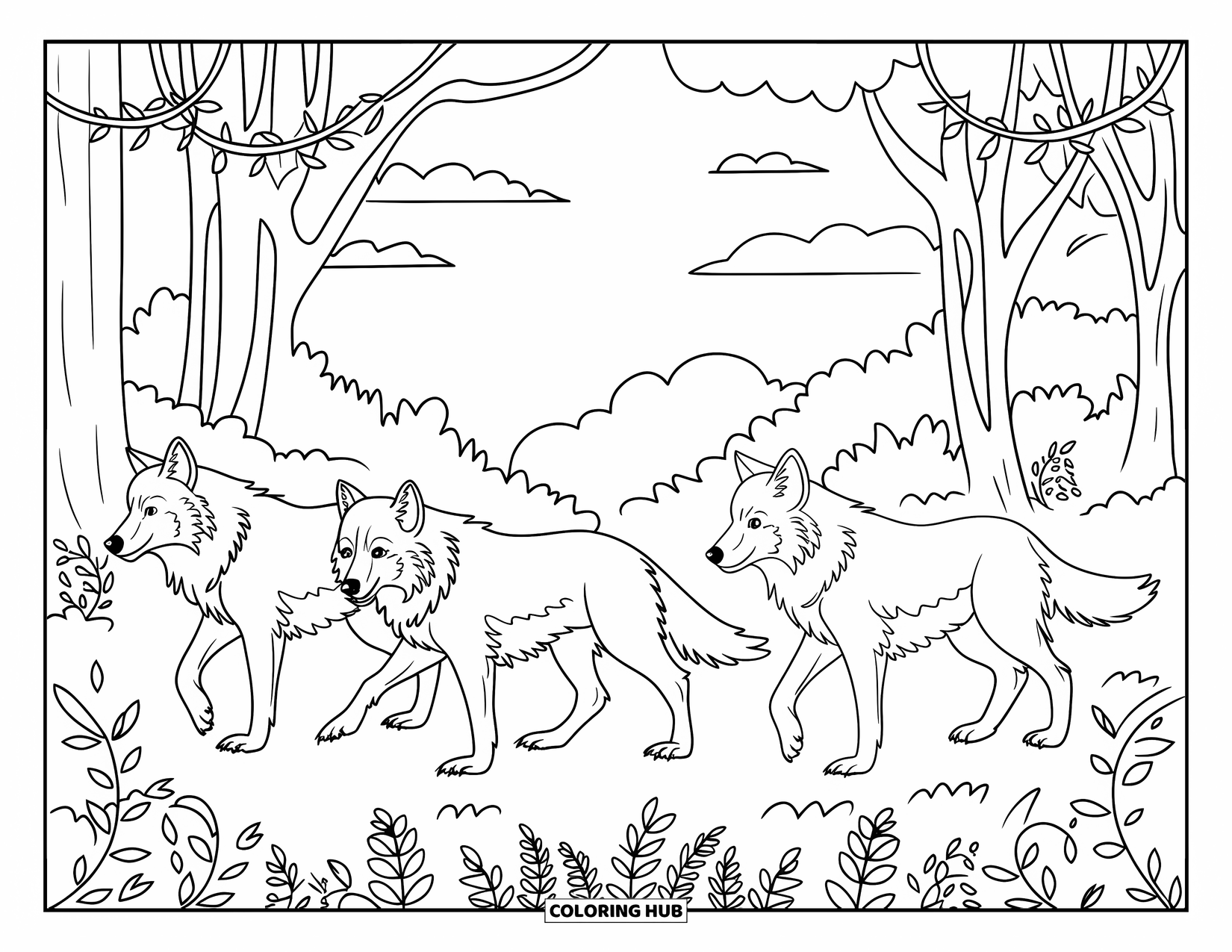 Wolf Pack Coloring Page for Adults: A trio of wolves wanders quietly among patterned trees and a floral sky