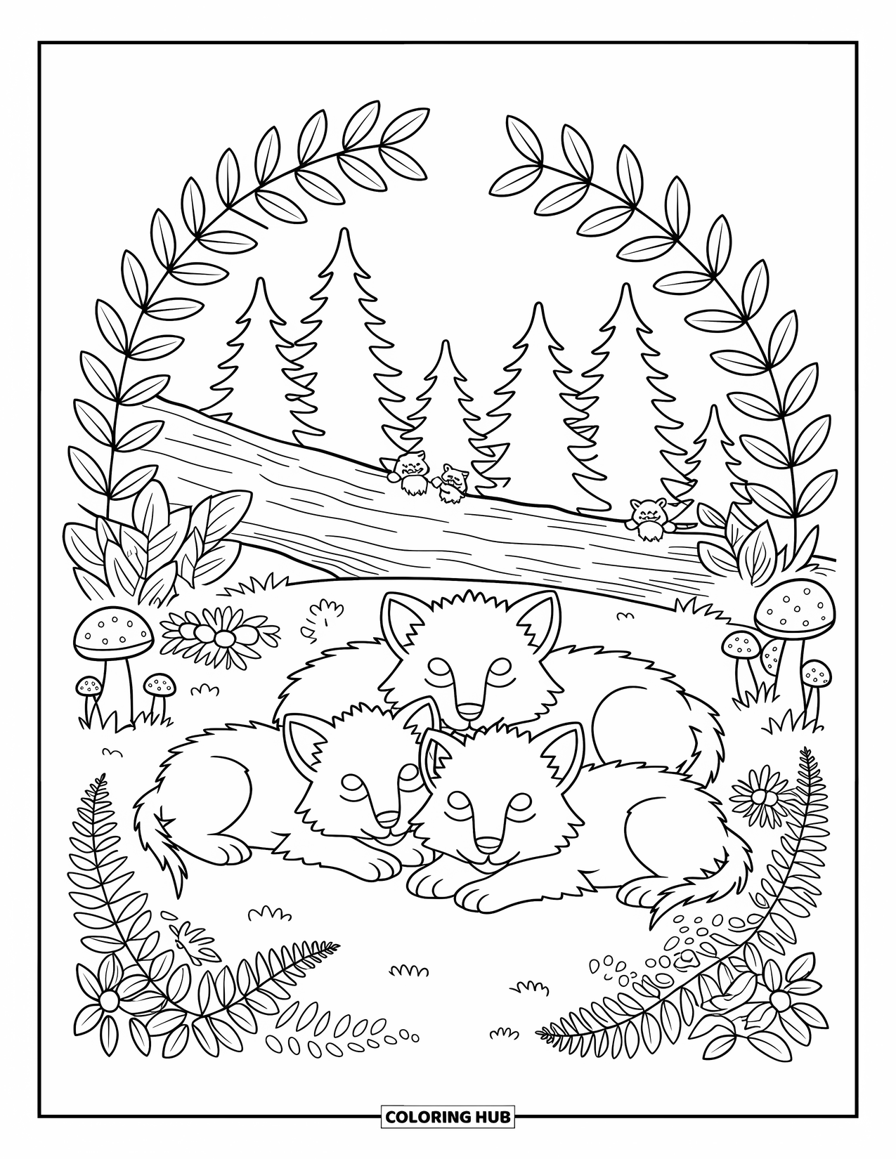 Wolf Pack Coloring Page for Adults: Four wolf pups cuddle in a quiet clearing surrounded by mushrooms and ferns
