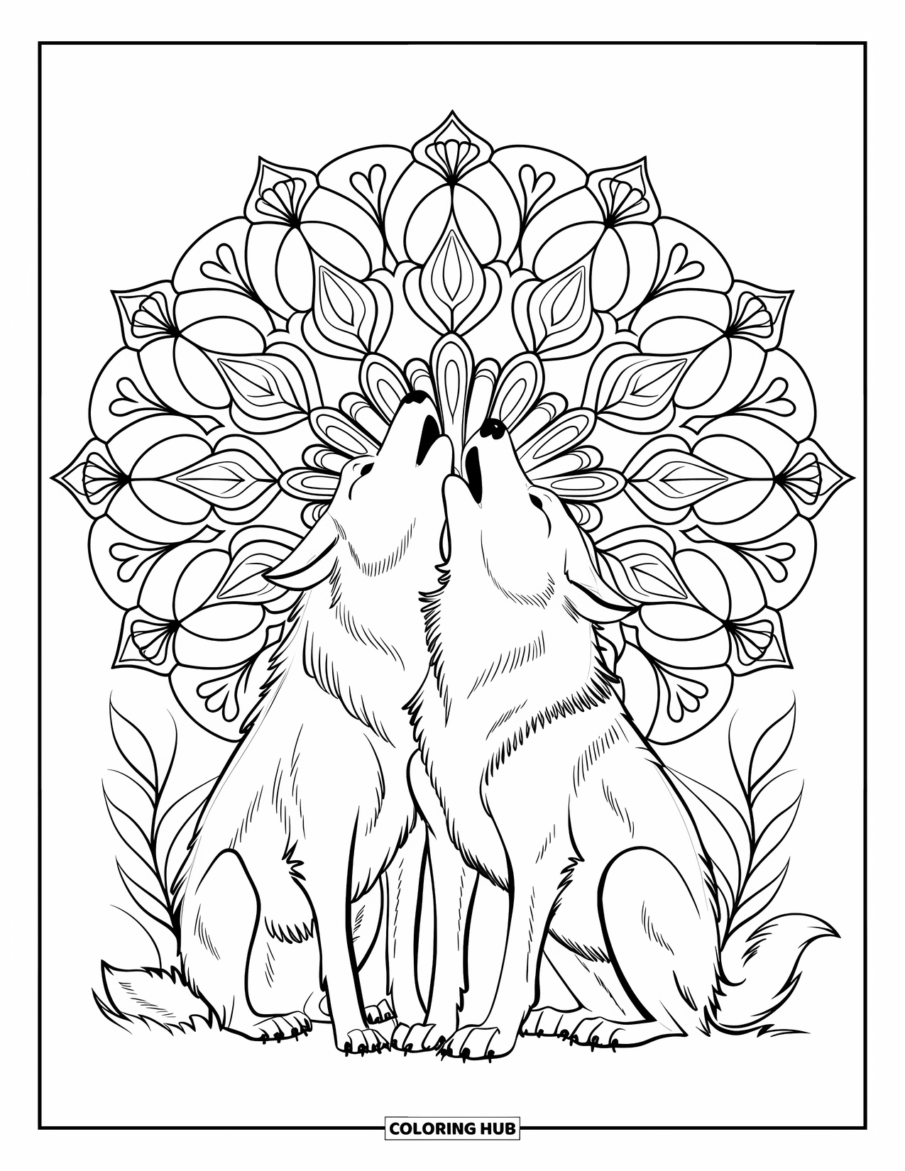 Wolf Pack Coloring Page for Adults: Howling wolves stand surrounded by a full mandala of floral patterns