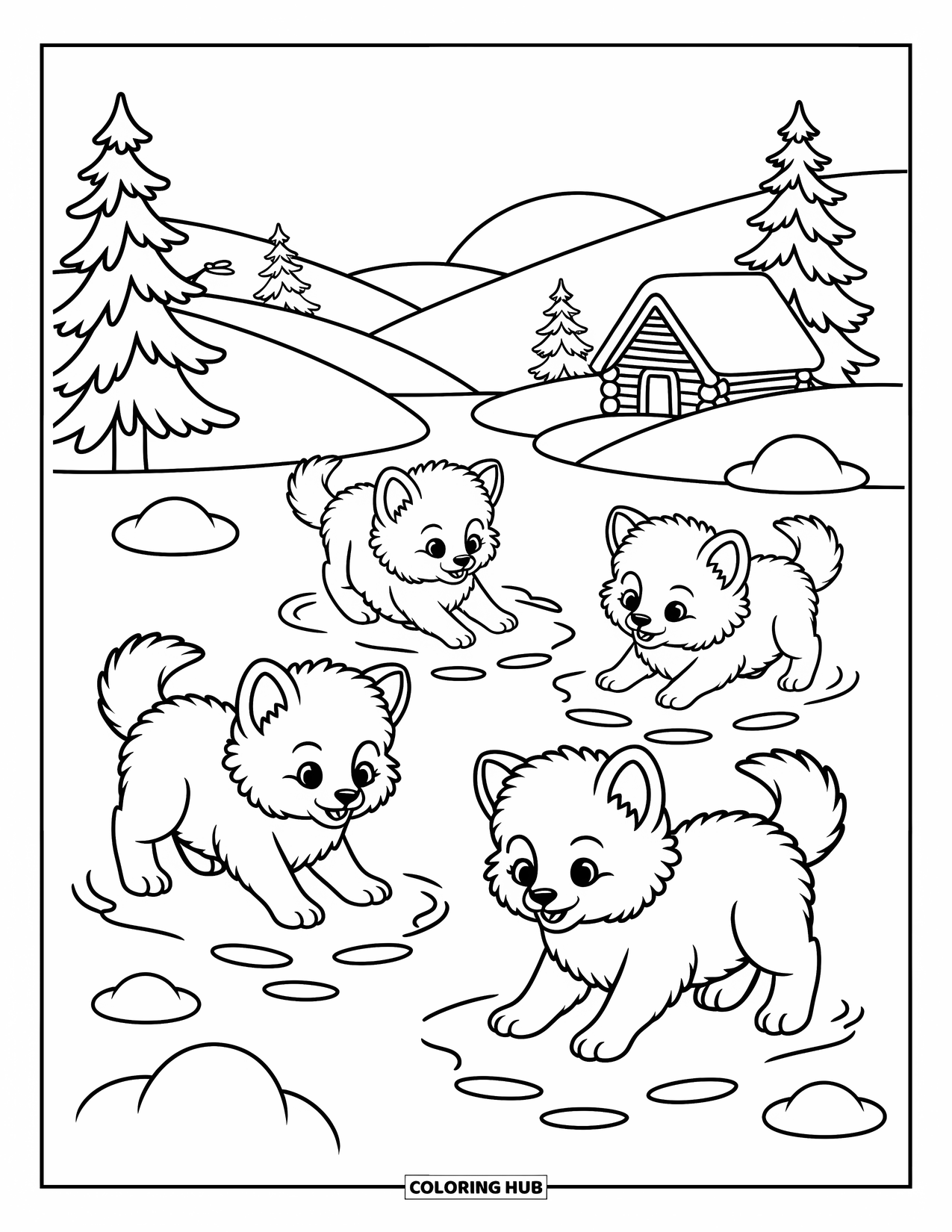 Wolf Pack Coloring Page for Adults: Three playful wolf cubs romp through a snowy meadow filled with paw prints