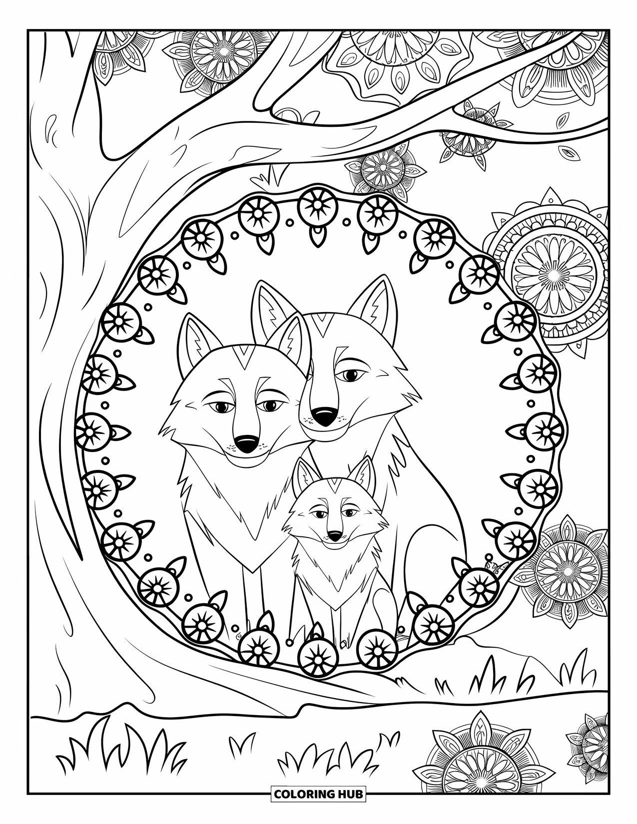 Wolf Pack Coloring Page for Adults: Three wolves sit peacefully beneath a tree filled with mandala flowers