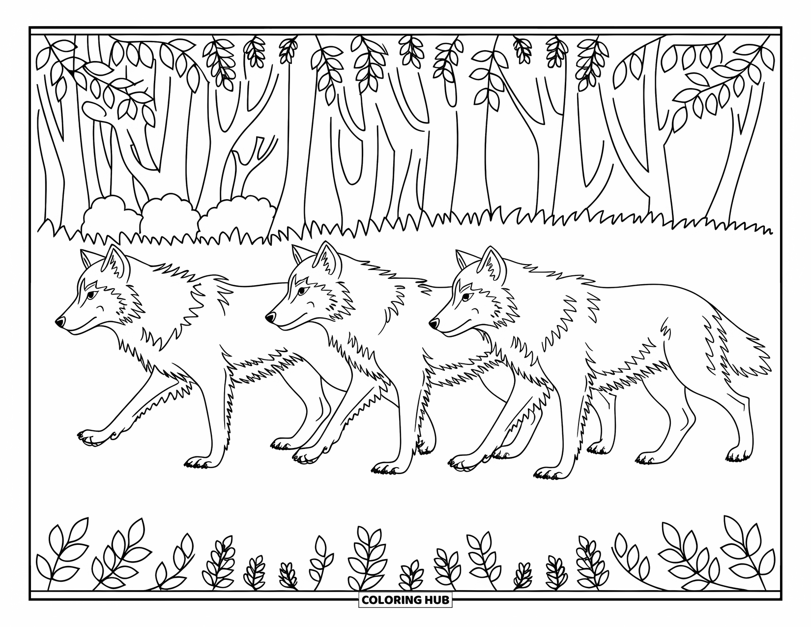 Wolf Pack Coloring Page for Adults: Three wolves walk in a row through a dense forest with floral borders