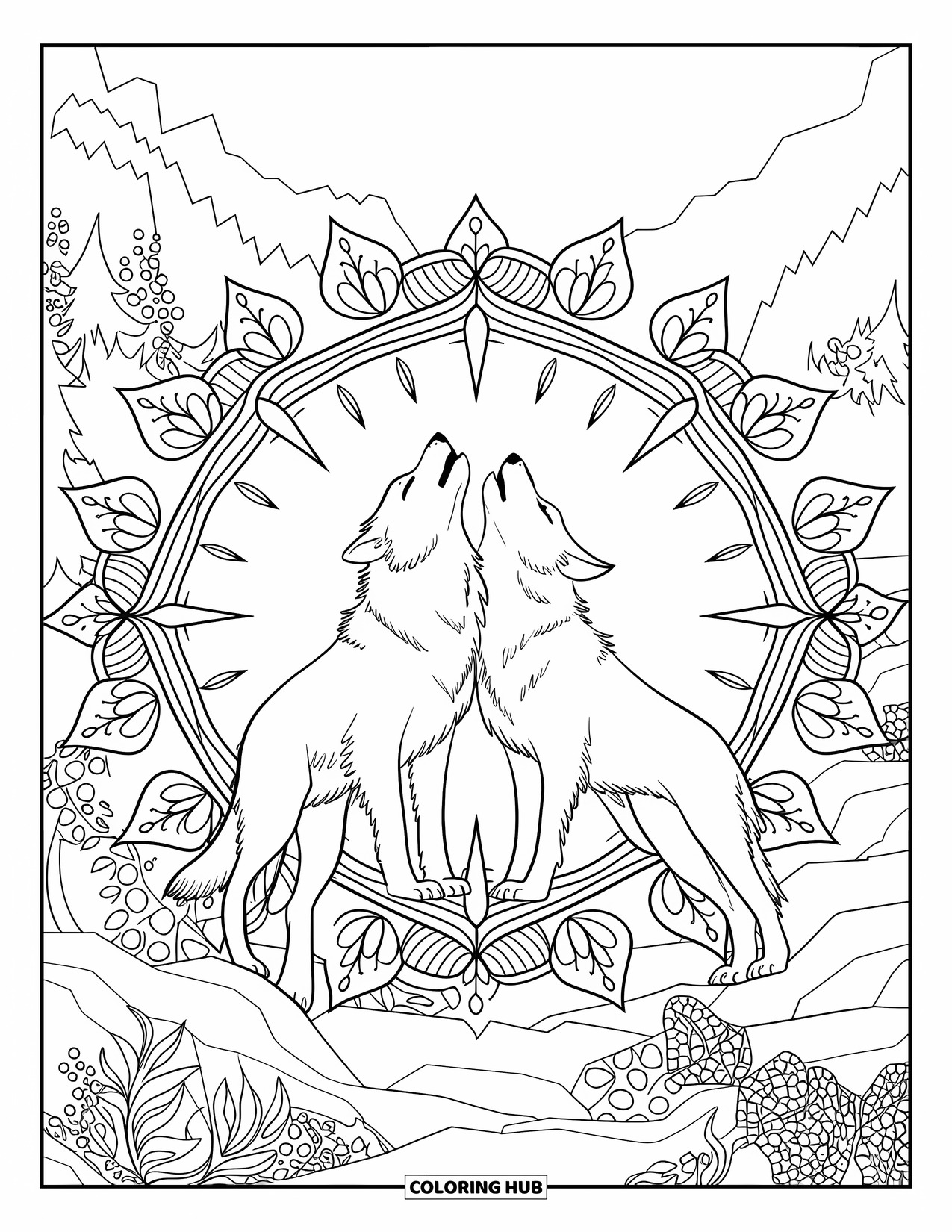 Wolf Pack Coloring Page for Adults: Two wolves howl together inside a mandala of flowers, leaves, and vines