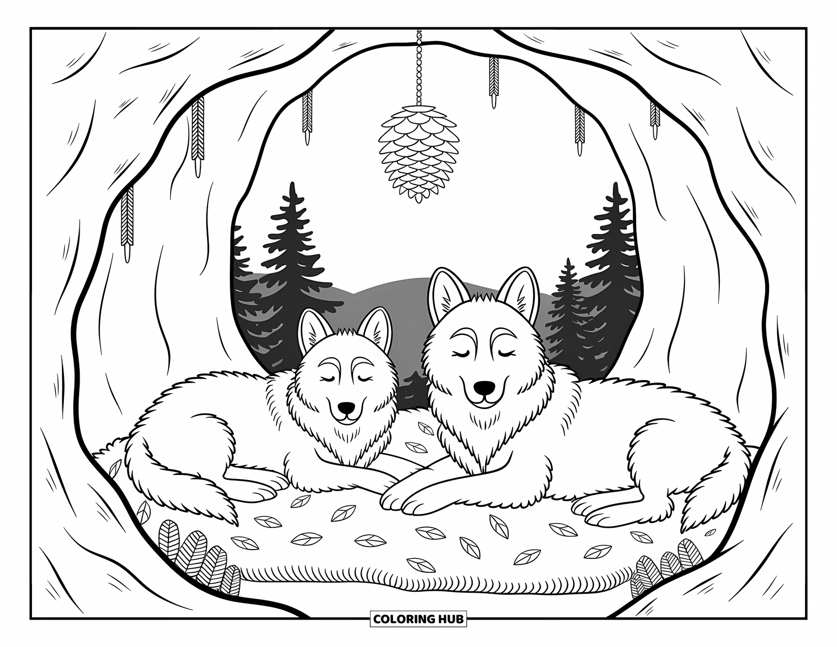 Wolf Pack Coloring Page for Adults: Two wolves nap in a glowing cave with soft vines and a peaceful forest view