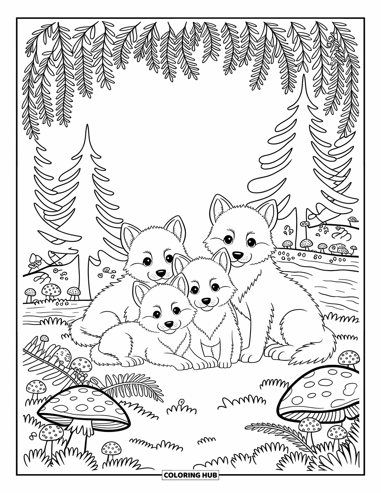 Wolf Pack Coloring Page for Adults: Wolf pups sleep peacefully in a forest clearing filled with critters and plants
