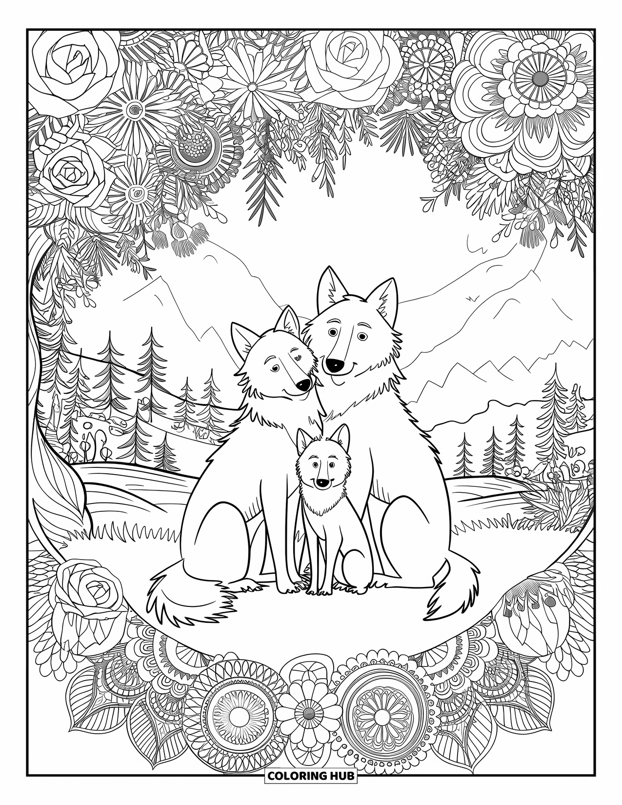Wolf Pack Coloring Page for Adults: Wolves cuddle under a flower-filled tree with mandalas and a river in the distance
