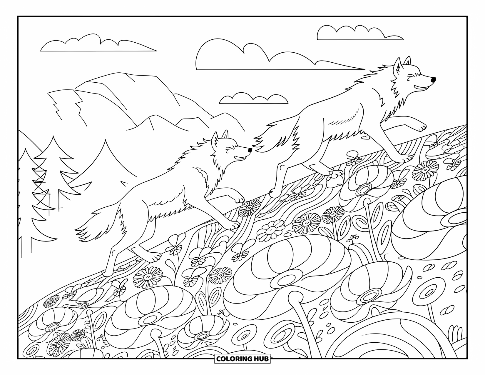 Wolf Pack Coloring Page for Adults: Wolves dash uphill past blooming patterns with mountains and trees behind them