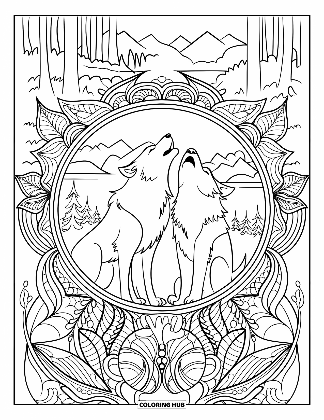 Wolf Pack Coloring Page for Adults: Wolves howl together in a forest framed by leaves, flowers, and peaceful mountains