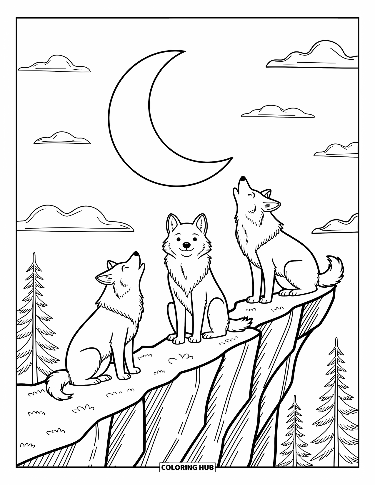 Wolf Pack Coloring Page for Adults: Wolves look skyward from a rocky cliff under the moon and soft clouds