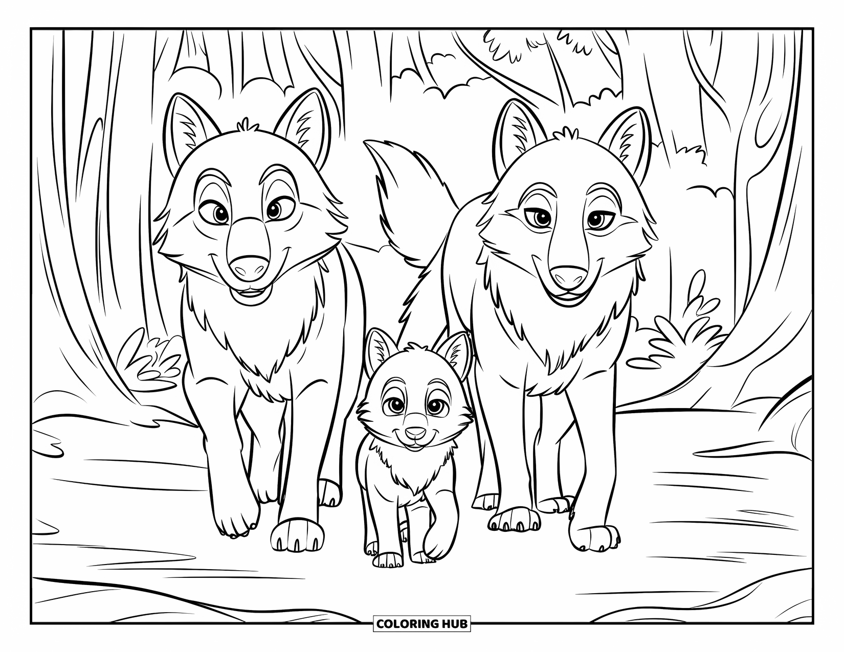 Wolf Pack Coloring Page for Kids: A baby wolf walks happily between two adult wolves in a forest