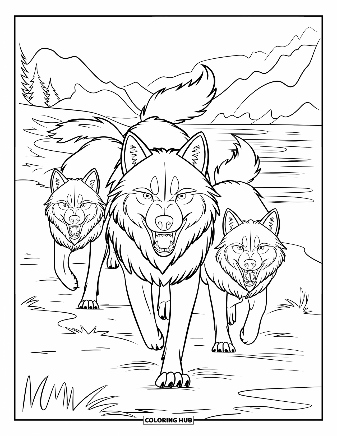 Wolf Pack Coloring Page for Kids: A fierce wolf leads its pack through a peaceful mountain scene