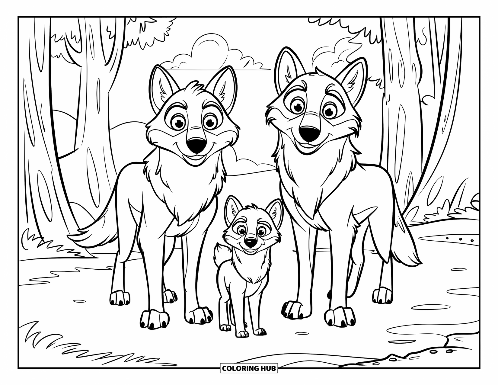 Wolf Pack Coloring Page for Kids: A little wolf stands between its parents under tall trees