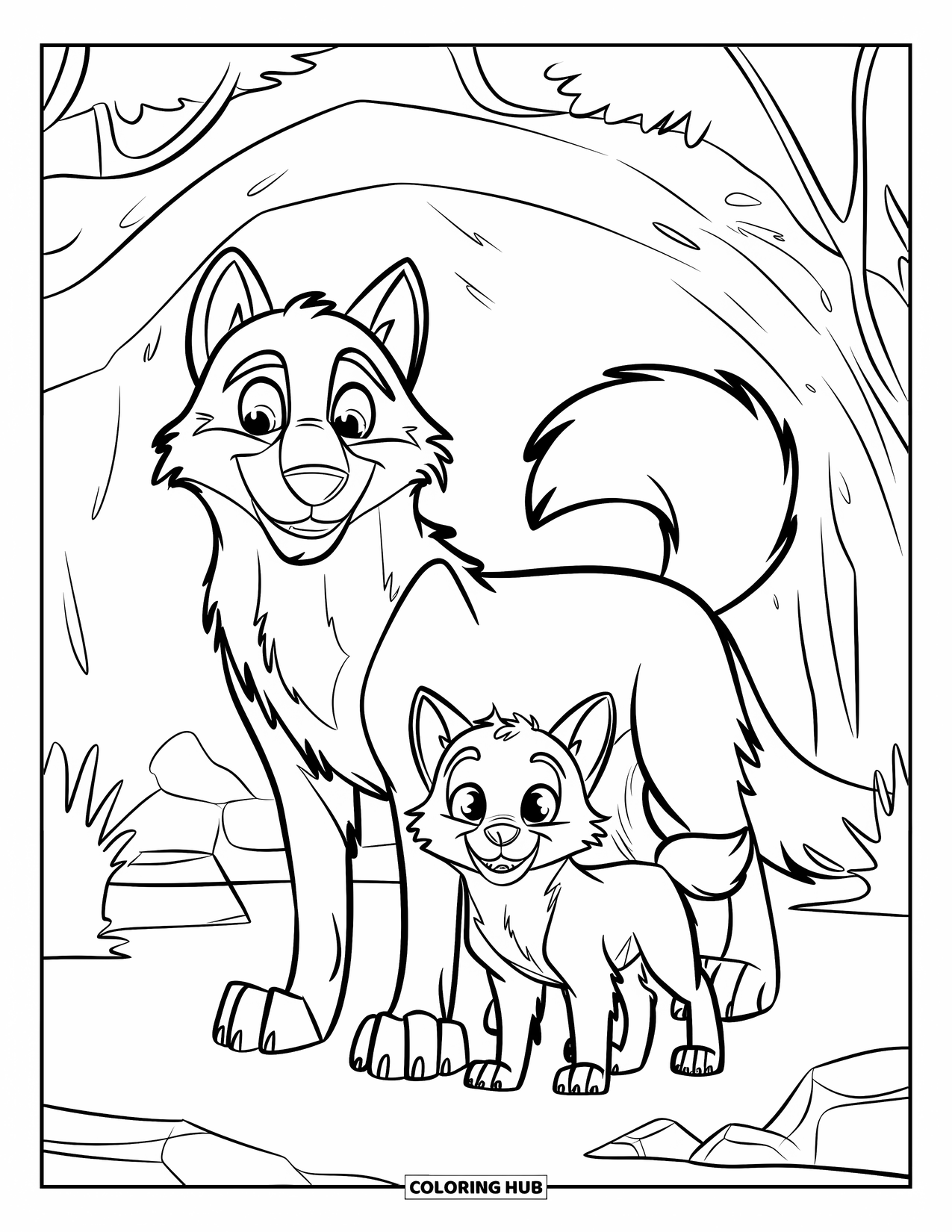 Wolf Pack Coloring Page for Kids: A tall father wolf, gentle mother, and playful cub stand near their den