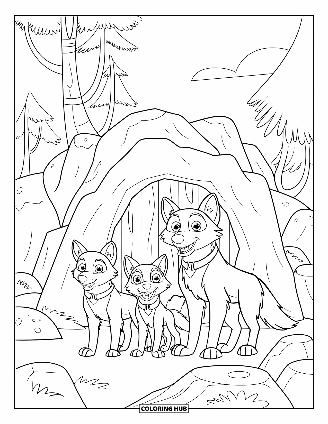 Wolf Pack Coloring Page for Kids: A wolf family stands by their cave with trees and sky in view
