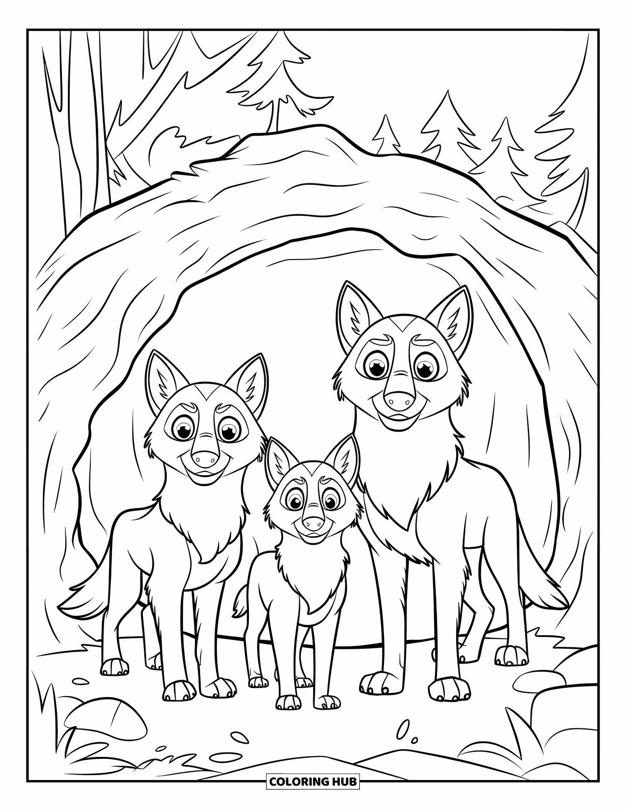 Wolf Pack Coloring Page for Kids: A wolf family stands outside their cozy rocky den