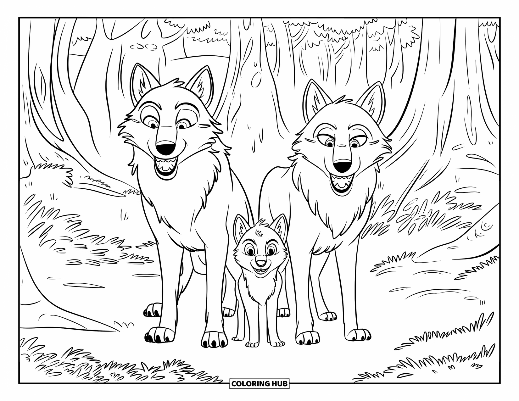 Wolf Pack Coloring Page for Kids: A young cub walks with its parents across forest ground