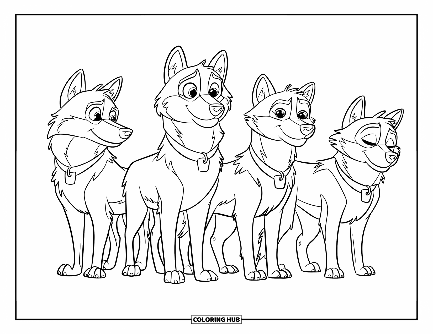 Wolf Pack Coloring Page for Kids: Each wolf looks in a different direction, some with eyes closed