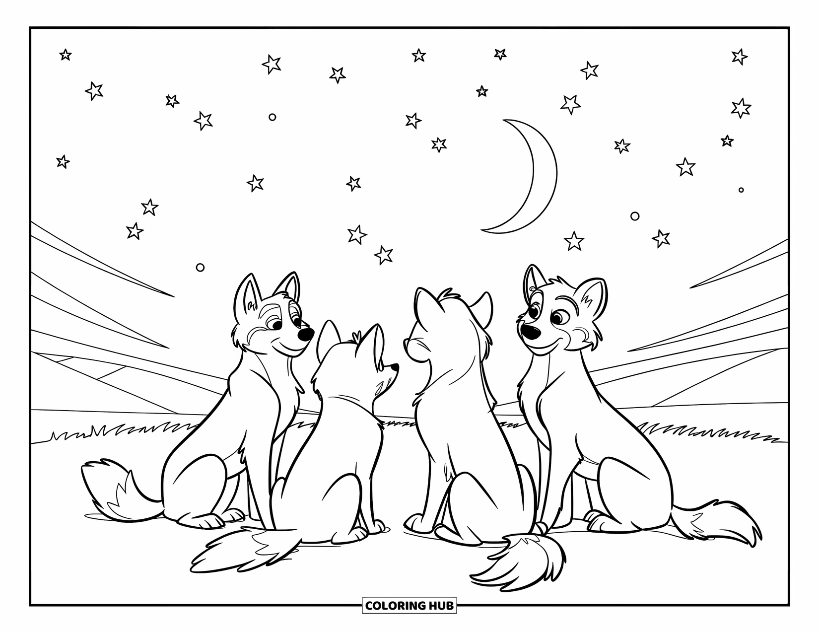 Wolf Pack Coloring Page for Kids: Fluffy wolves rest on grass beneath stars and a glowing crescent moon
