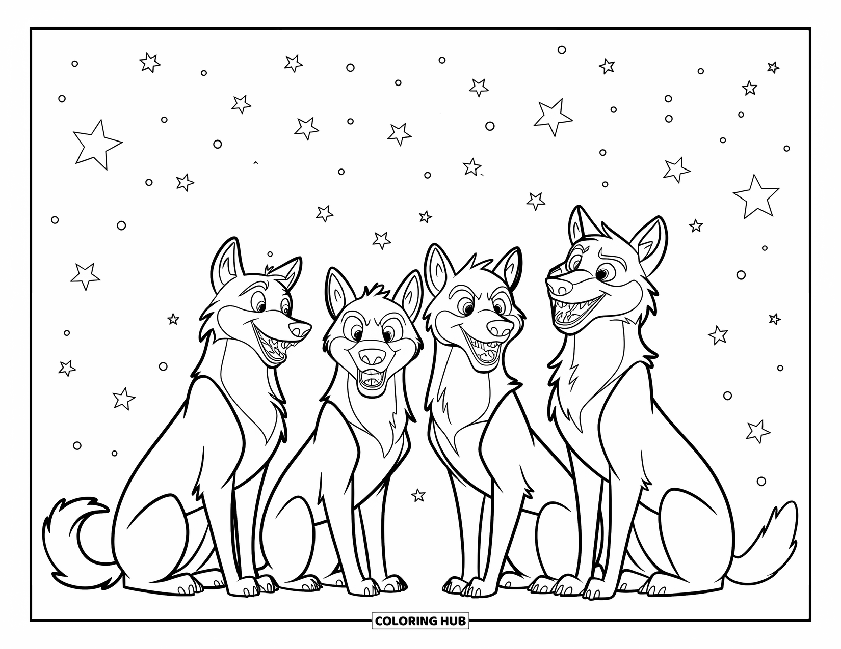 Wolf Pack Coloring Page for Kids: Four wolves sit in a circle under a night sky full of stars