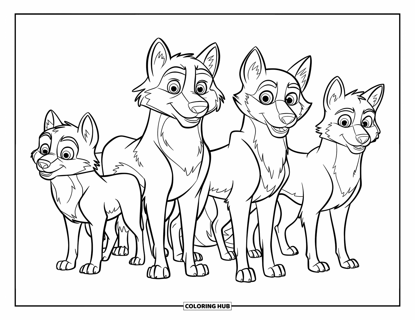 Wolf Pack Coloring Page for Kids: Four wolves stand side by side, each with a unique look