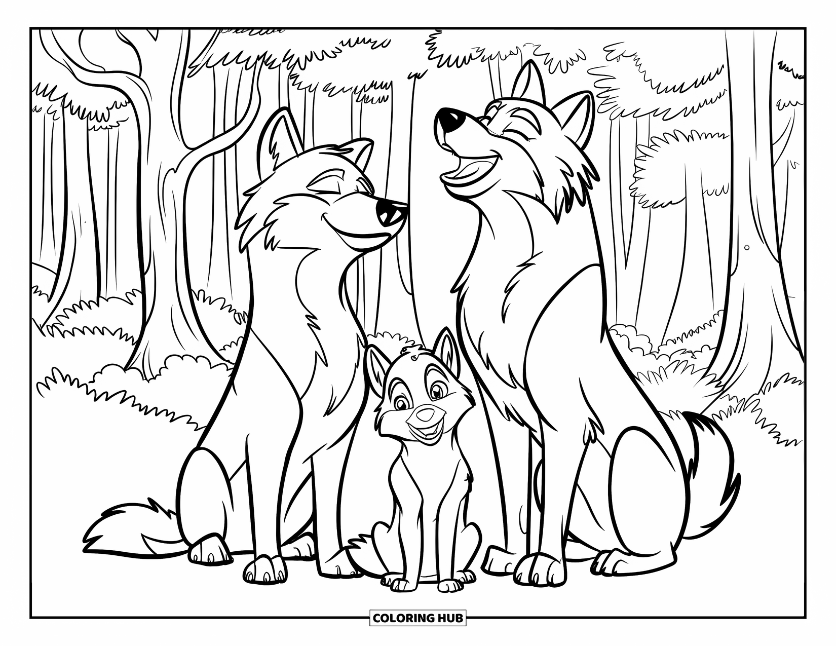 Wolf Pack Coloring Page for Kids: The wolf pup sits between its parents beneath tall trees