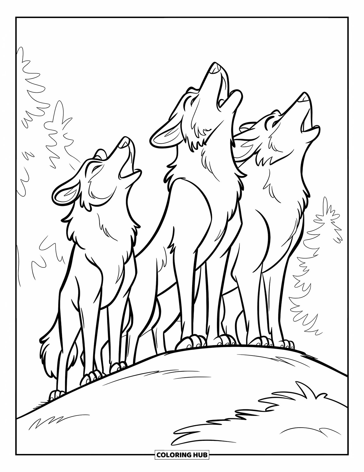 Wolf Pack Coloring Page for Kids: Three wolves howl together on a grassy hill