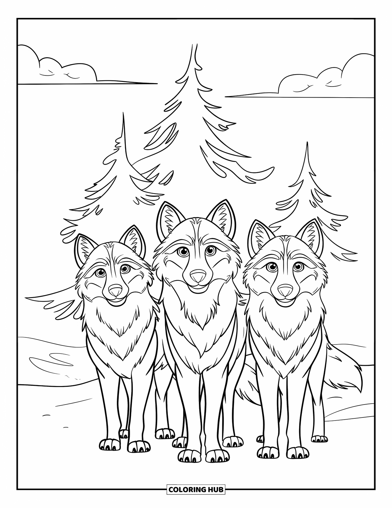 Wolf Pack Coloring Page for Kids: Three wolves pose proudly with snowy trees in the background