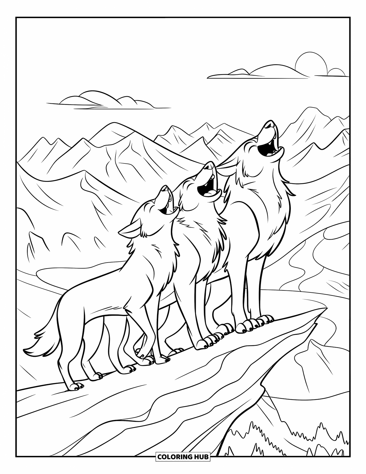 Wolf Pack Coloring Page for Kids: Three wolves raise their heads, howling from a rocky ledge