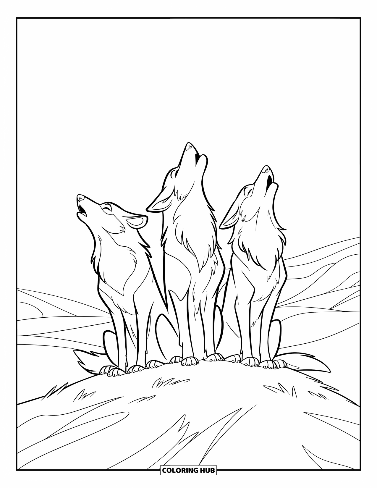 Wolf Pack Coloring Page for Kids: Three wolves sit upright, howling under a clear sky