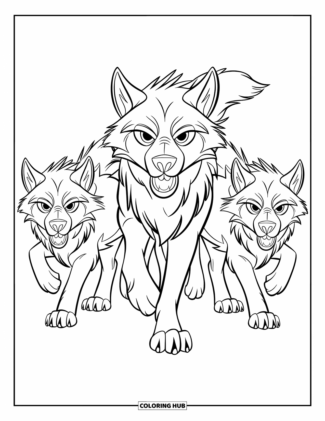 Wolf Pack Coloring Page for Kids: Three wolves strike a dramatic pose on a blank background