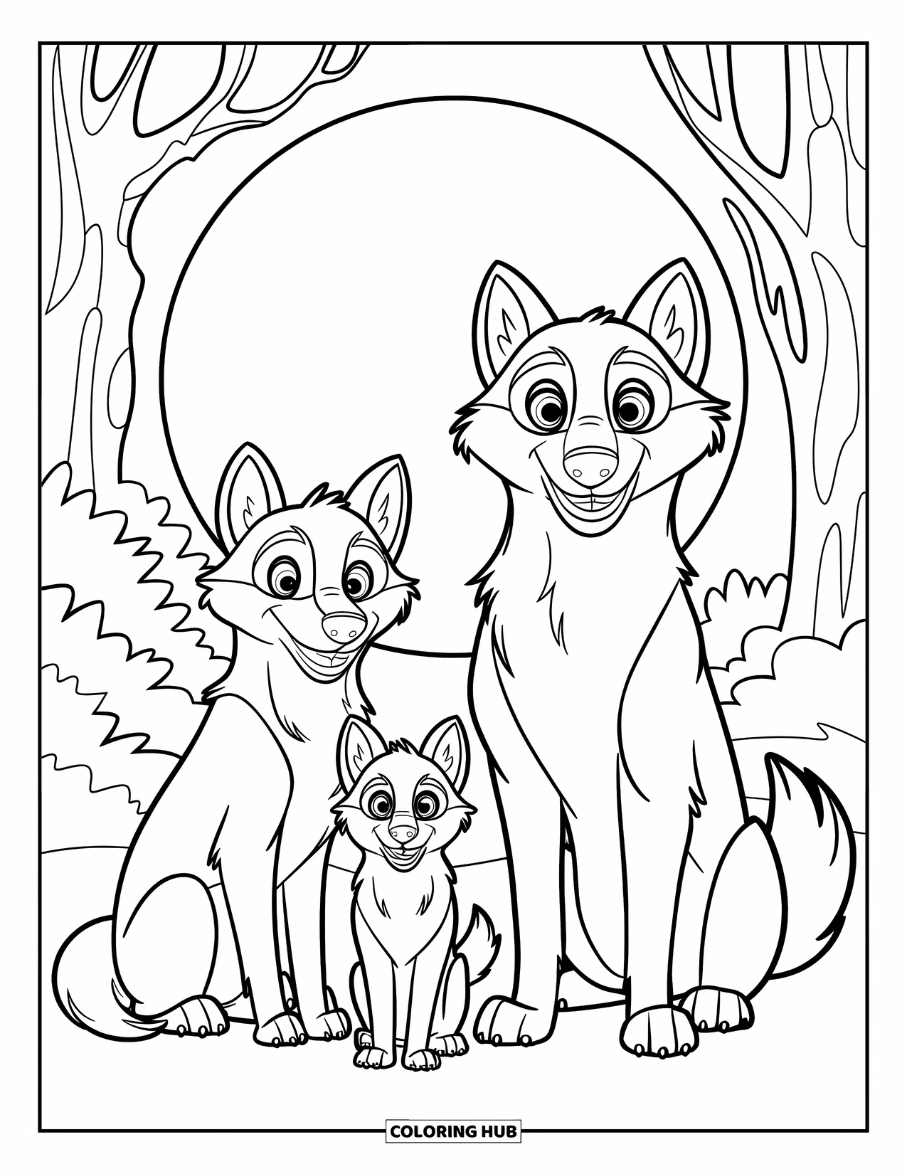 Wolf Pack Coloring Page for Kids: Two parents and a pup sit under a big glowing moon