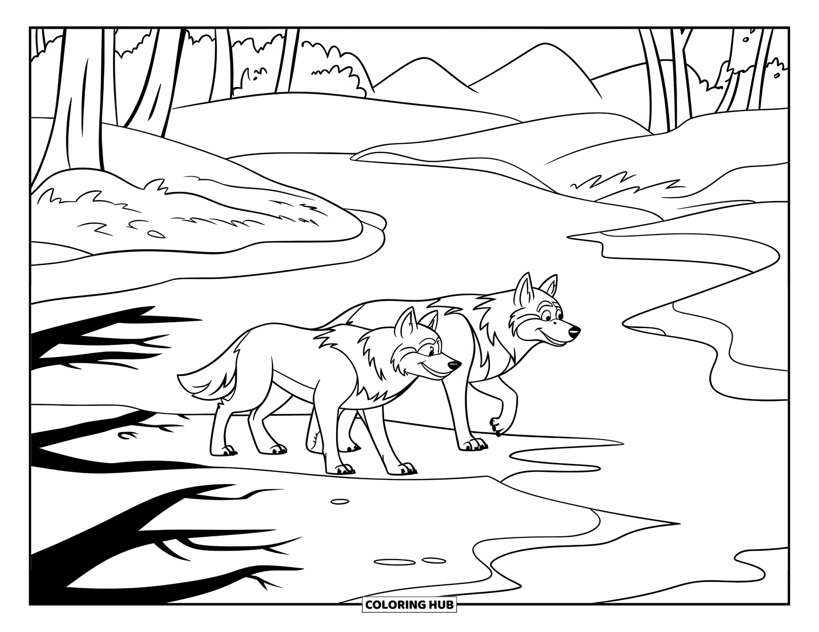 Wolf Pack Coloring Page for Kids: Two wolves cross a frozen river beneath tall trees